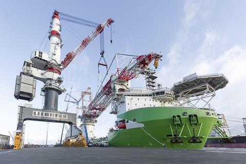 Deme’s 5,000 tonne-lift vessel, before the crane’s hook failed under test (image: Liebherr)